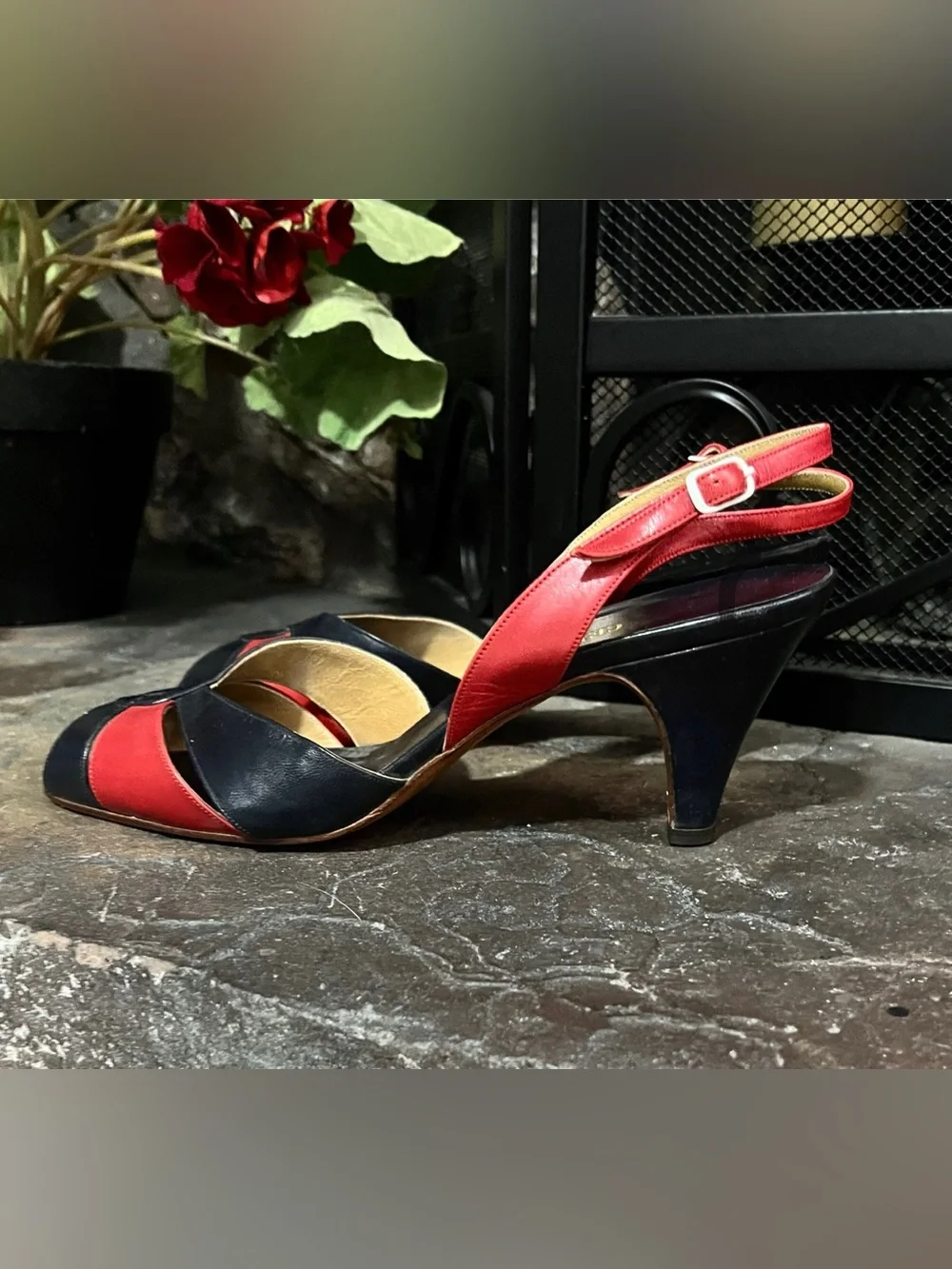 Cerruti 1881 1970s 70s Vintage Navy Blue & Red Leather High Heel Shoes 7.5